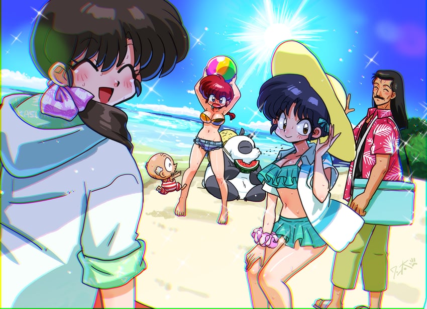 ranma-chan, tendou akane, tendou kasumi, happosai, saotome genma, and 1 more (ranma 1/2) drawn by wanta_(futoshi)