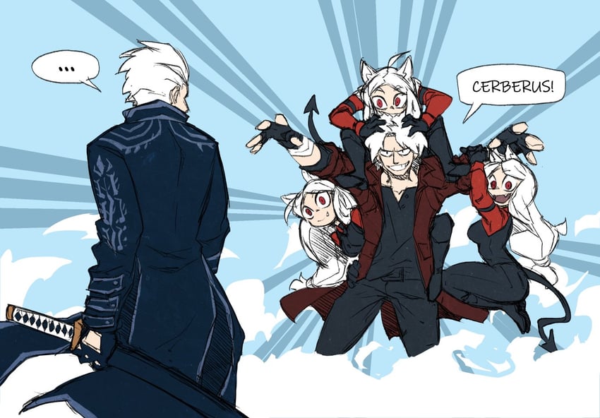 dante, vergil, and cerberus (helltaker and 2 more) drawn by mechapen