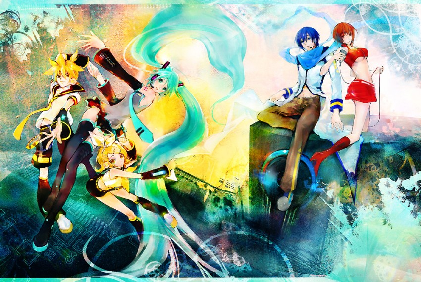 hatsune miku, kagamine rin, kagamine len, kaito, and meiko (vocaloid) drawn by nekoif
