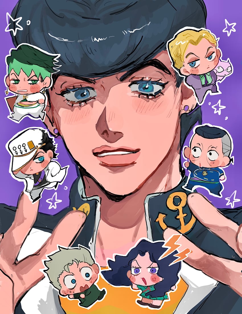 kujo jotaro, higashikata josuke, kishibe rohan, kira yoshikage, nijimura okuyasu, and 3 more (jojo no kimyou na bouken and 1 more) drawn by matubaru_chan