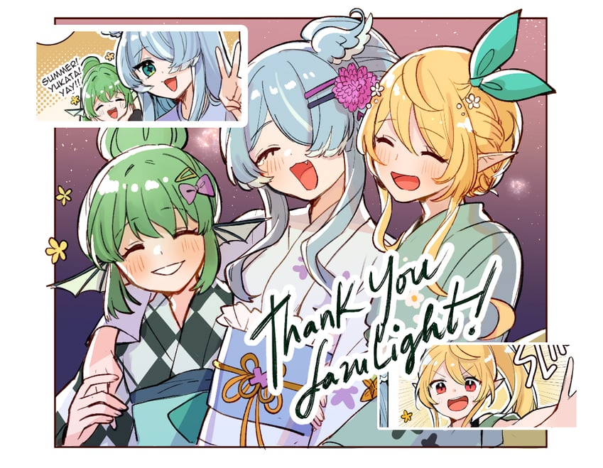 elira pendora, pomu rainpuff, and finana ryugu (nijisanji and 1 more) drawn by hakamii