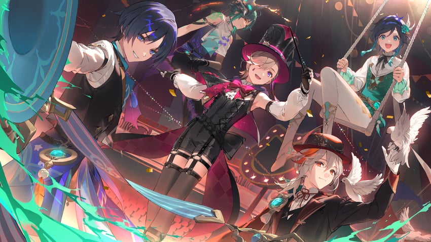 scaramouche, wanderer, venti, xiao, kaedehara kazuha, and 1 more (genshin impact) drawn by dsmile