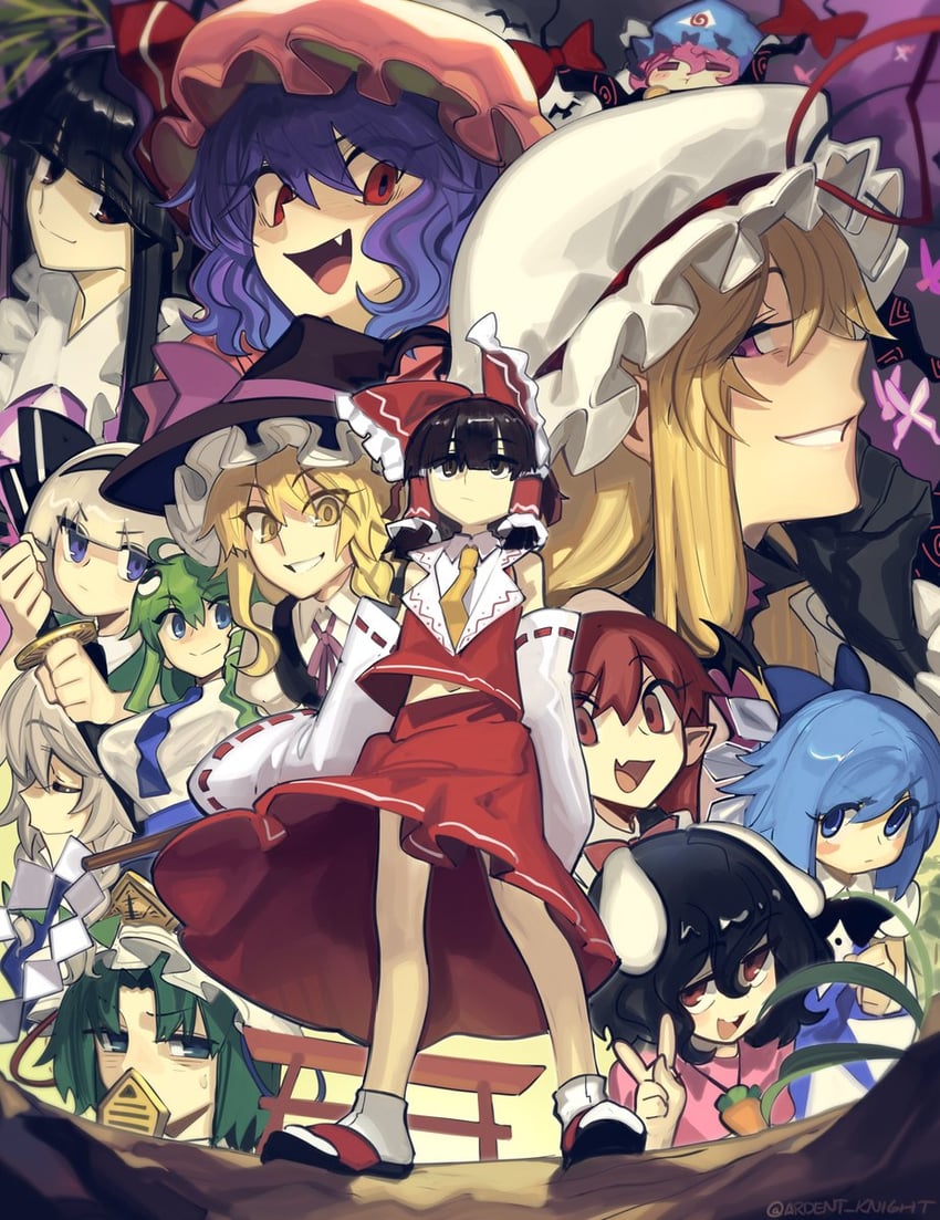 hakurei reimu, kirisame marisa, remilia scarlet, izayoi sakuya, kochiya sanae, and 8 more (touhou) drawn by boa_(brianoa)