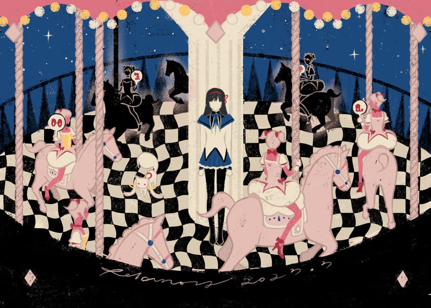 akemi homura, kaname madoka, and kyubey (mahou shoujo madoka magica) drawn by relanoy
