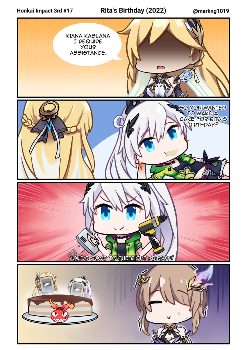 kiana kaslana, rita rossweisse, durandal, and hola (honkai and 1 more) drawn by mark1019