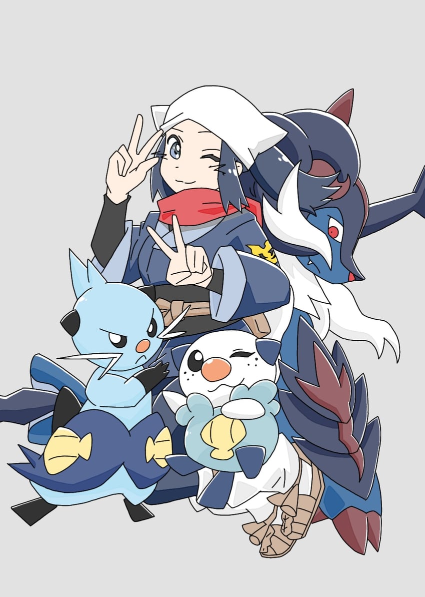 akari, oshawott, dewott, and hisuian samurott (pokemon and 1 more) drawn by kikimbene3399