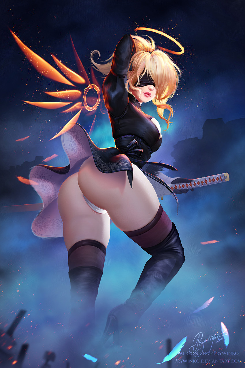 2b and mercy (overwatch and 3 more) drawn by prywinko