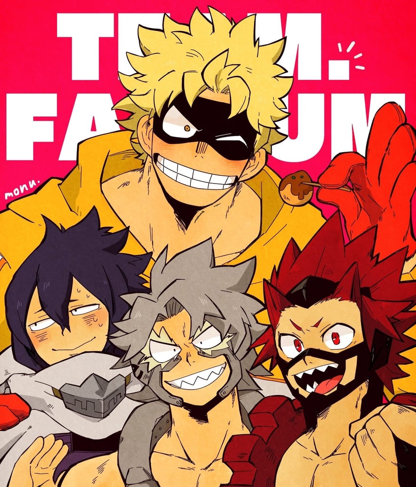 kirishima eijiro, amajiki tamaki, fat gum, and tetsutetsu tetsutetsu (boku no hero academia) drawn by monu