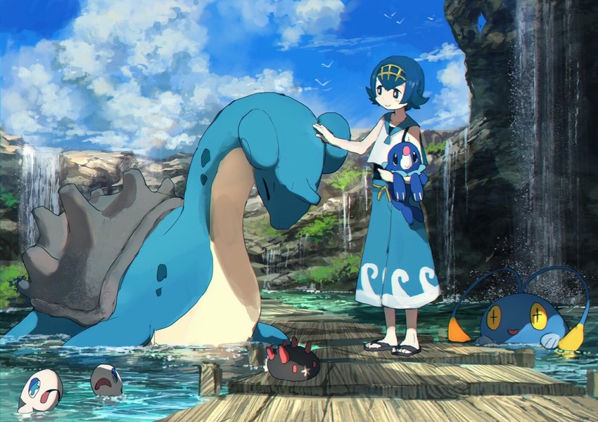 lana, popplio, lapras, pyukumuku, wishiwashi, and 1 more (pokemon and 1 more) drawn by pippi_(pixiv_1922055)