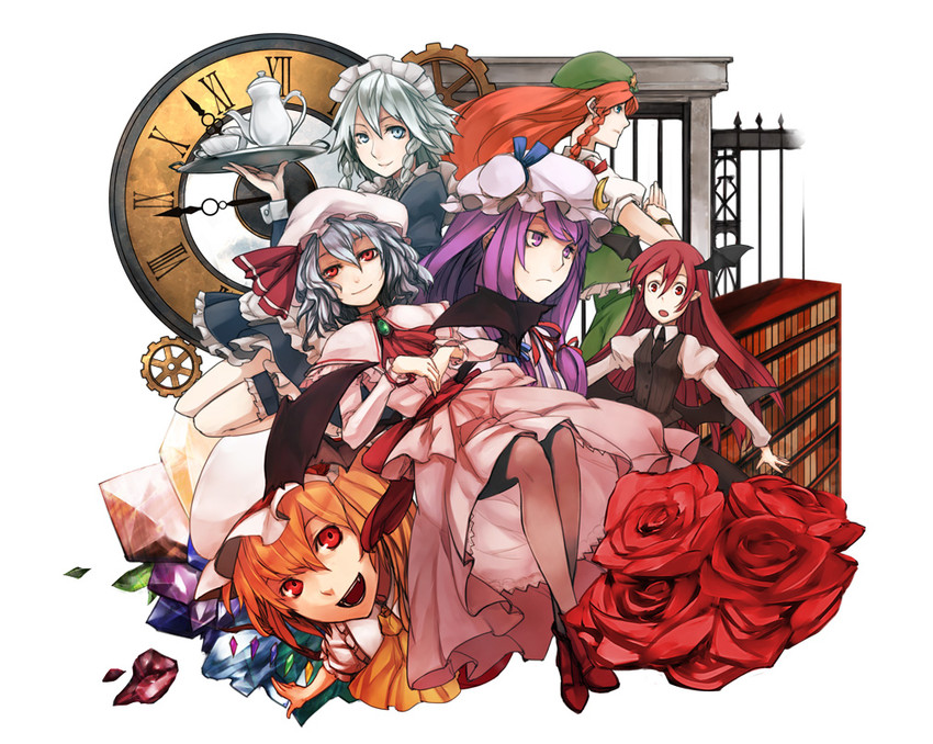 remilia scarlet, flandre scarlet, izayoi sakuya, patchouli knowledge, hong meiling, and 1 more (touhou and 1 more) drawn by totteri