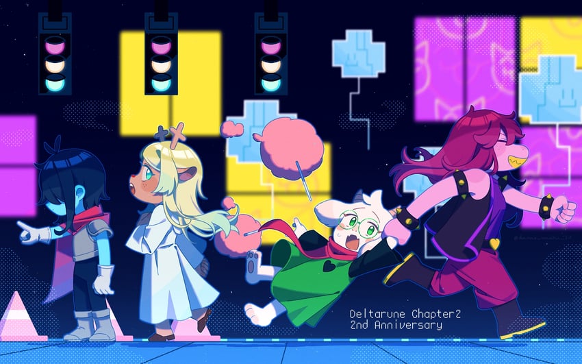 kris, noelle holiday, ralsei, and susie (deltarune) drawn by ake_blood