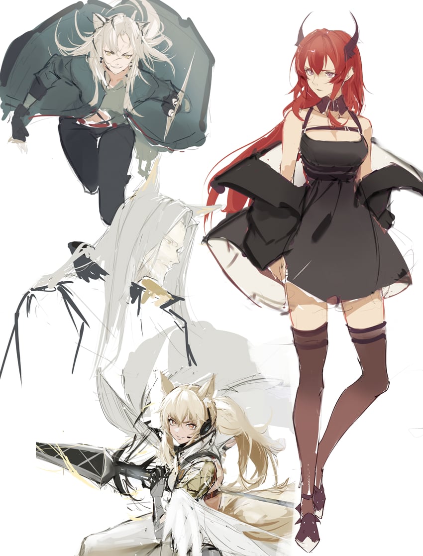 surtr, nearl, nearl the radiant knight, hellagur, and indra (arknights) drawn by maho_(drmaho1)