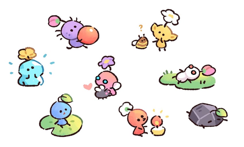 red pikmin, yellow pikmin, blue pikmin, purple pikmin, white pikmin, and 3 more (pikmin) drawn by stefscribbles