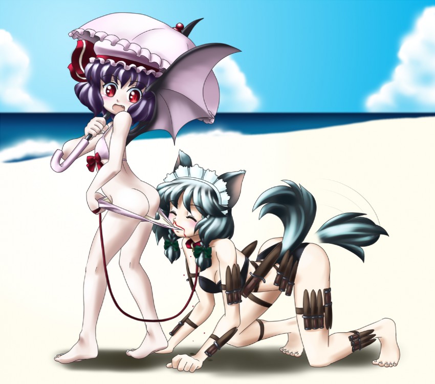 remilia scarlet, izayoi sakuya, and coppertone girl (touhou and 1 more) drawn by raionsan