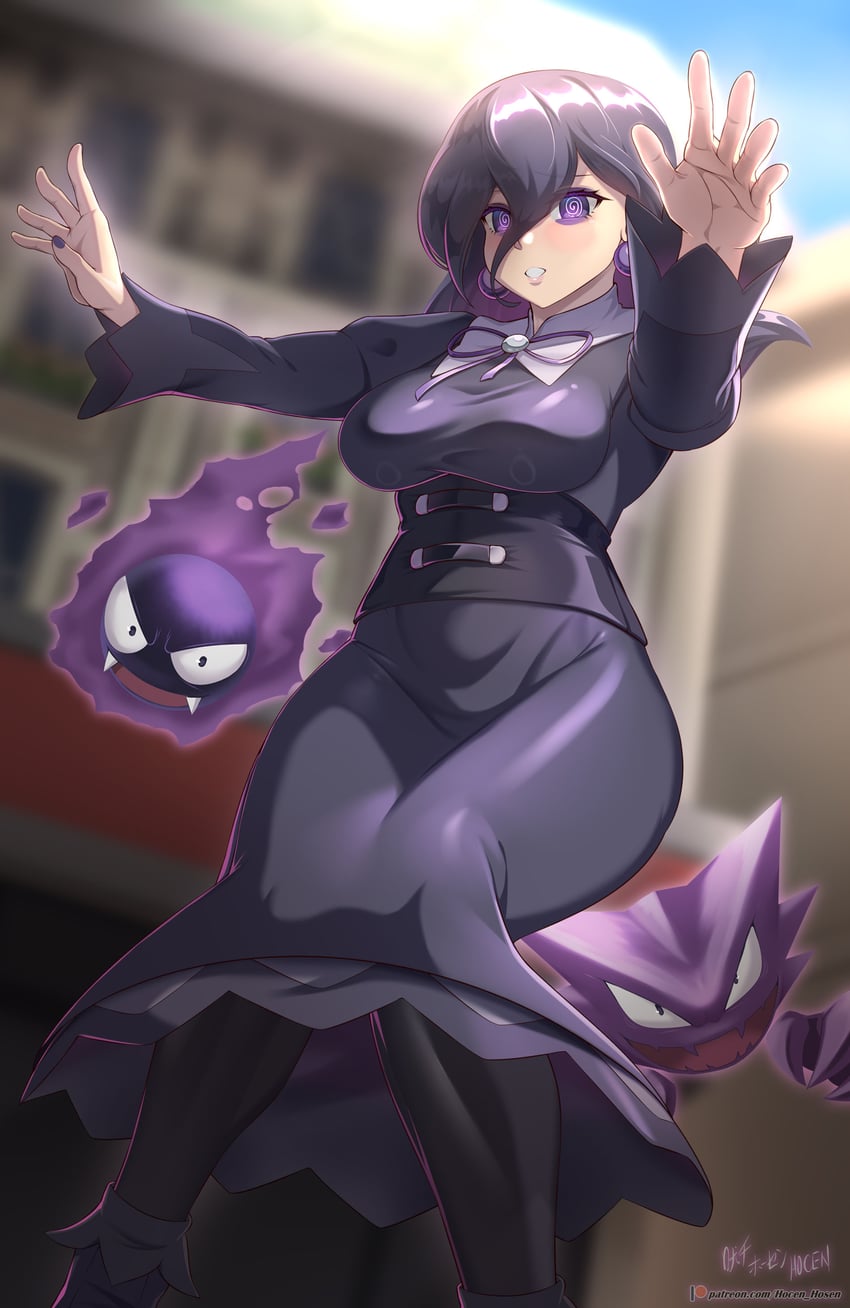 hex maniac, gastly, and haunter (pokemon and 1 more) drawn by vilde_loh_hocen