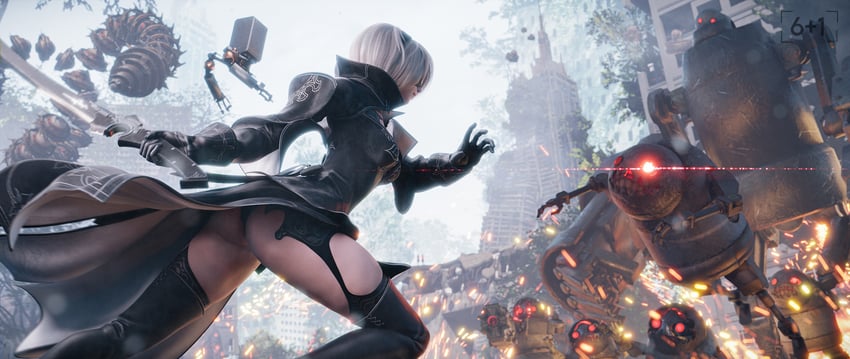 2b, pod, and machine (nier and 2 more) drawn by seven_(sixplusone)