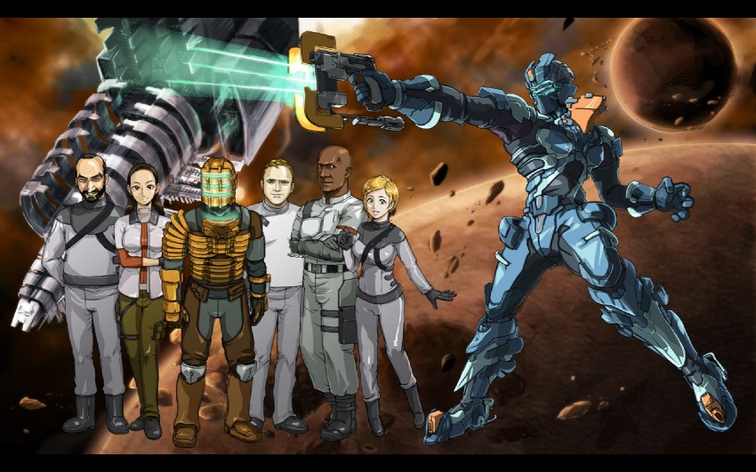isaac clarke, nicole brennan, kendra daniels, challus mercer, terrence kyne, and 1 more (gundam and 3 more) drawn by kojamerii