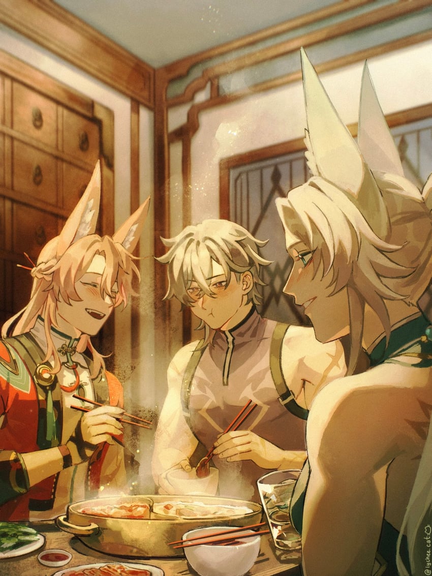 feixiao, jiaoqiu, and moze (honkai and 1 more) drawn by lycheelinecat