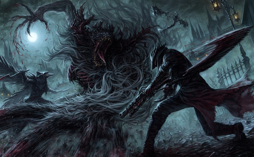 hunter, eileen the crow, and cleric beast (bloodborne) drawn by tatsuya_(atelier_road)