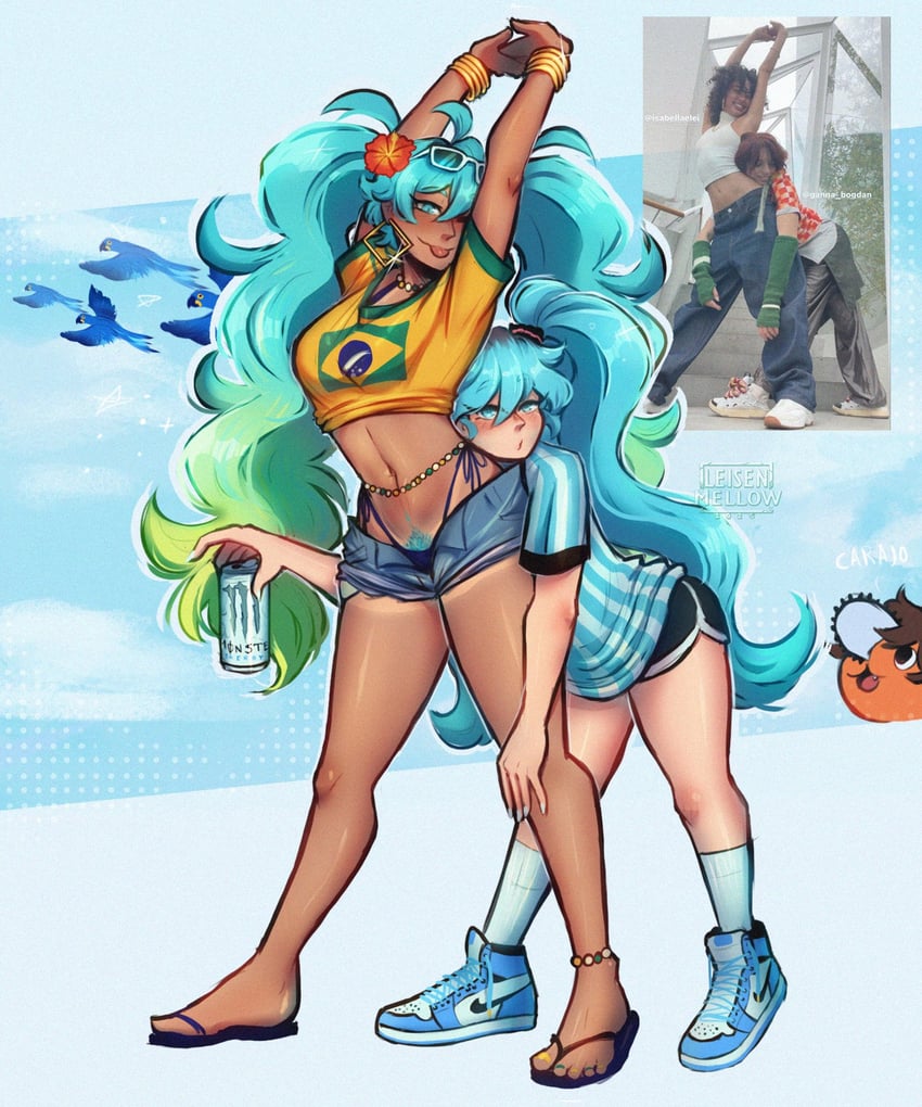 hatsune miku, pochita, brazilian miku, and argentinian miku (vocaloid and 1 more) drawn by leisen_mellow