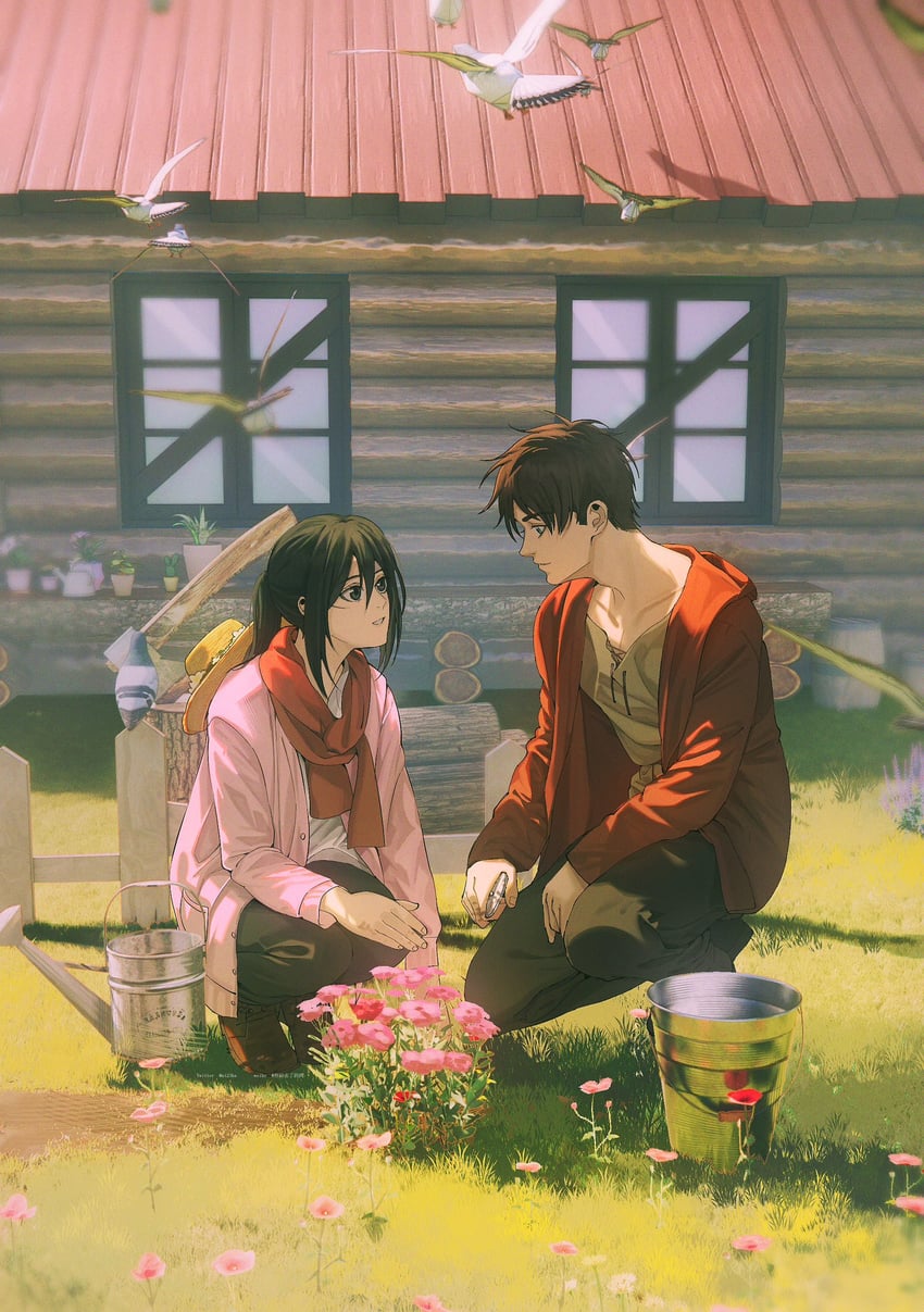 mikasa ackerman and eren yeager (shingeki no kyojin) drawn by niku_(ni23ku)