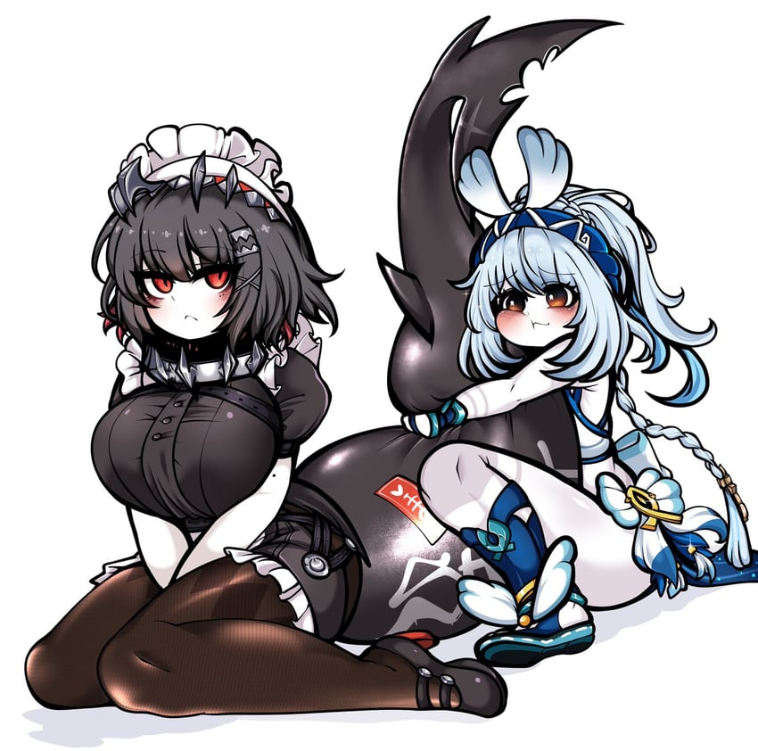 ellen joe and mualani (genshin impact and 2 more) drawn by uncolorcube