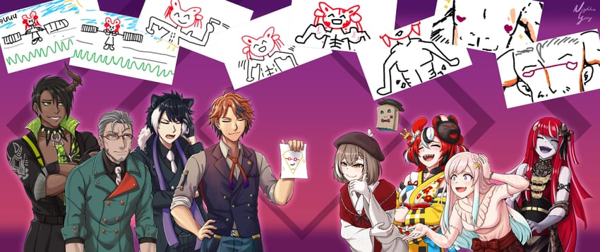 nanashi mumei, hakos baelz, kureiji ollie, friend, airani iofifteen, and 4 more (hololive and 4 more) drawn by nightingery