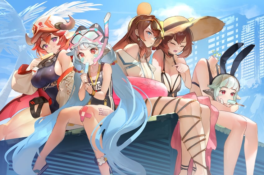 lifeguard yuze, little android aa72, summer innkeeper loraine, and scientist on the beach sohee (guardian tales) drawn by yogurt_bakudan