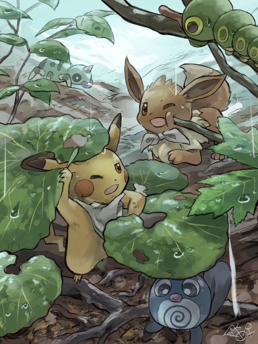 pikachu, eevee, caterpie, poliwag, and spinarak (pokemon) drawn by yamaori_(hakkentai_pokedan)