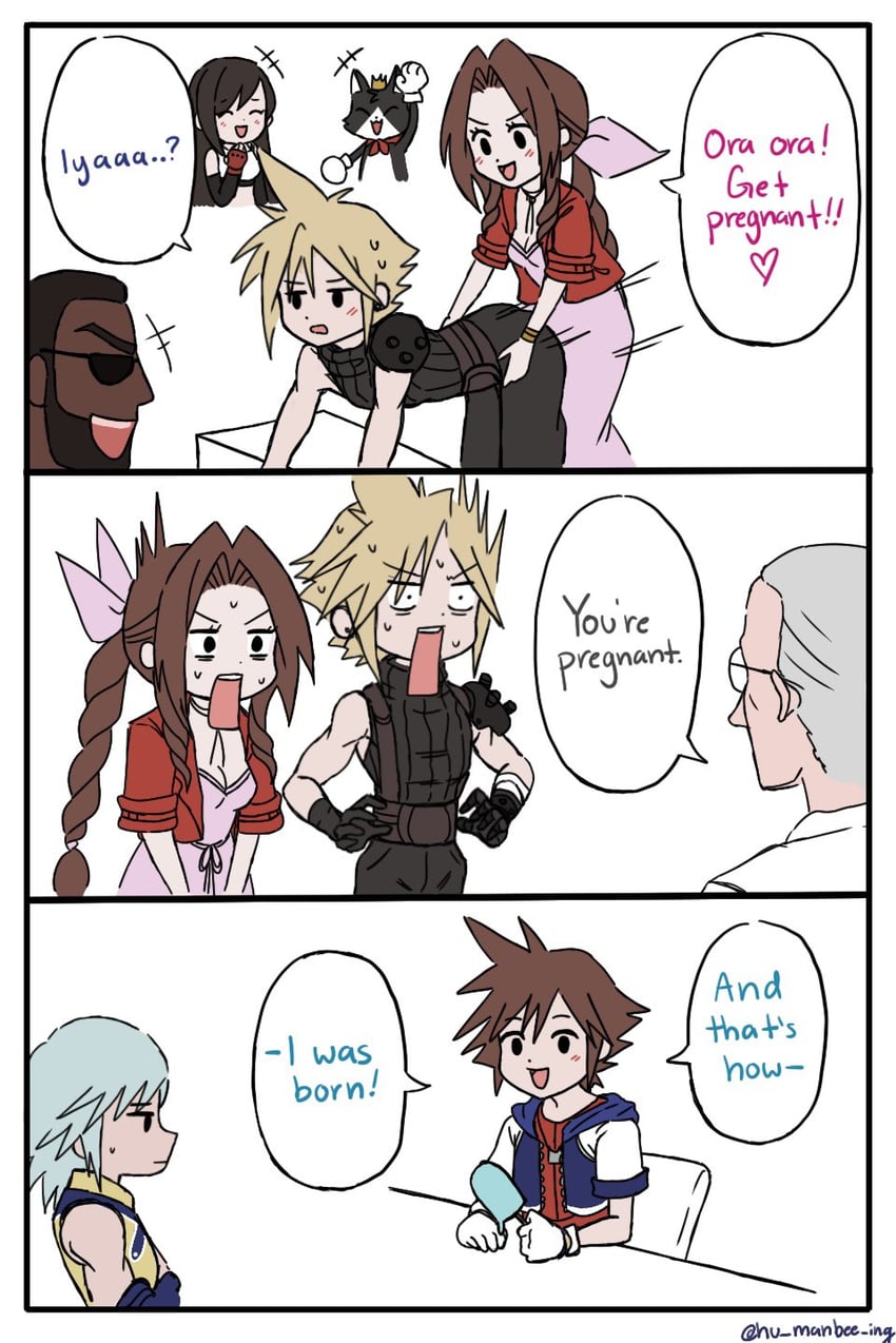 tifa lockhart, cloud strife, aerith gainsborough, sora, riku, and 2 more (final fantasy and 3 more) drawn by hu_manbee_ing