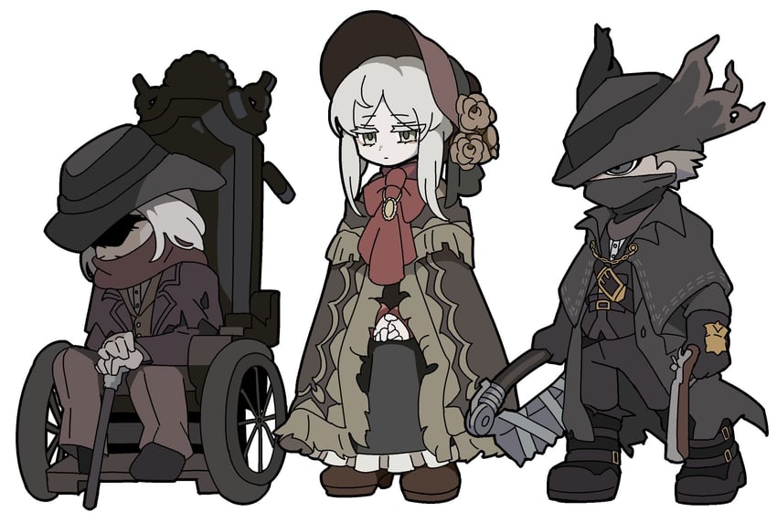 hunter, plain doll, and gehrman the first hunter (bloodborne) drawn by kekeken