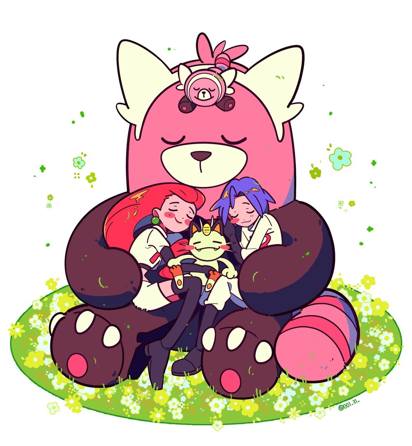 jessie, james, meowth, bewear, and stufful (pokemon and 1 more) drawn by chueog