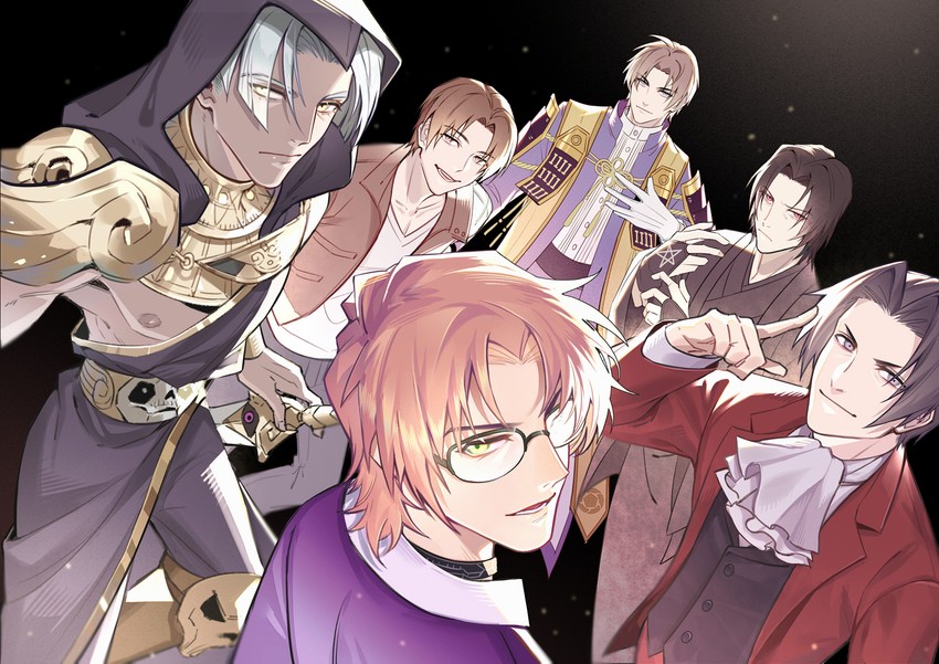 miles edgeworth, heshikiri hasebe, thanatos, fusaishi haruaki, and okiya subaru (touken ranbu and 6 more) drawn by sevenaklausv