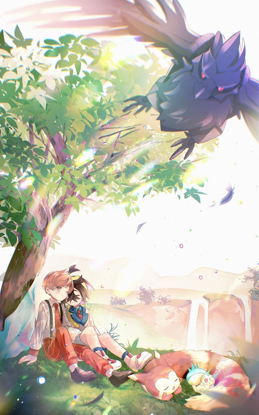 kieran, florian, pachirisu, furret, and corviknight (pokemon and 1 more) drawn by uzura_syouyu