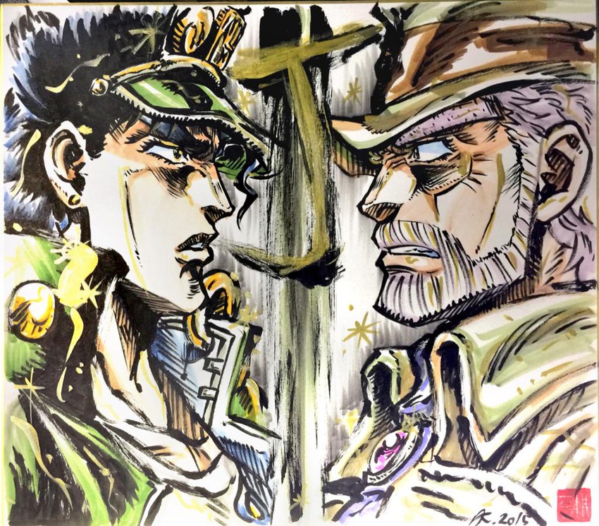 joseph joestar and kujo jotaro (jojo no kimyou na bouken and 1 more) drawn by ashiya_kouhei