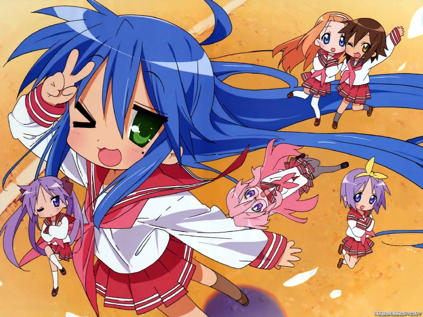 hiiragi kagami, izumi konata, hiiragi tsukasa, takara miyuki, kusakabe misao, and 1 more (lucky star) drawn by horiguchi_yukiko