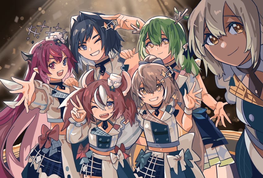 ouro kronii, nanashi mumei, hakos baelz, ceres fauna, irys, and 1 more (hololive and 1 more) drawn by fongban_illust