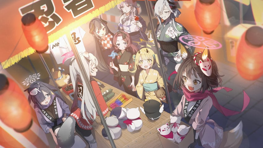 izuna, ibuki, iroha, satsuki, makoto, and 3 more (blue archive) drawn by munikomamu