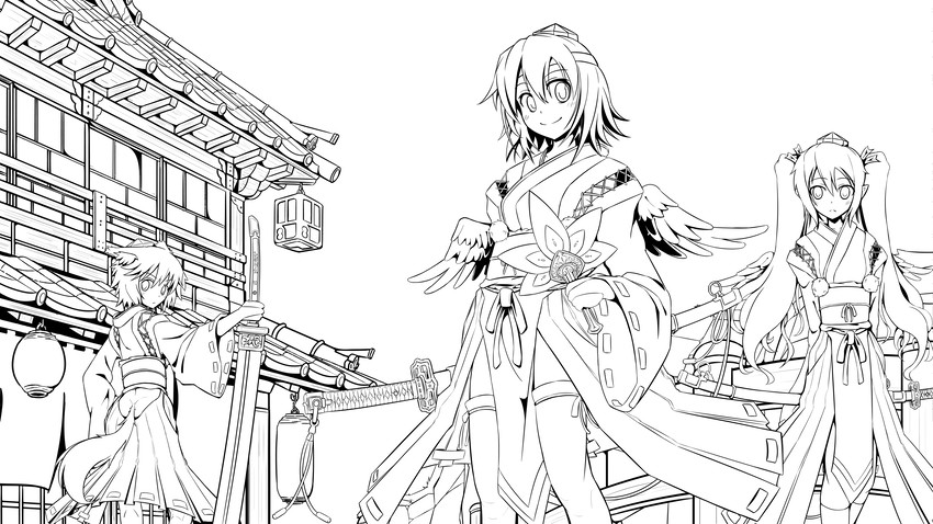 shameimaru aya, inubashiri momiji, and himekaidou hatate (touhou) drawn by kikunosukemaru