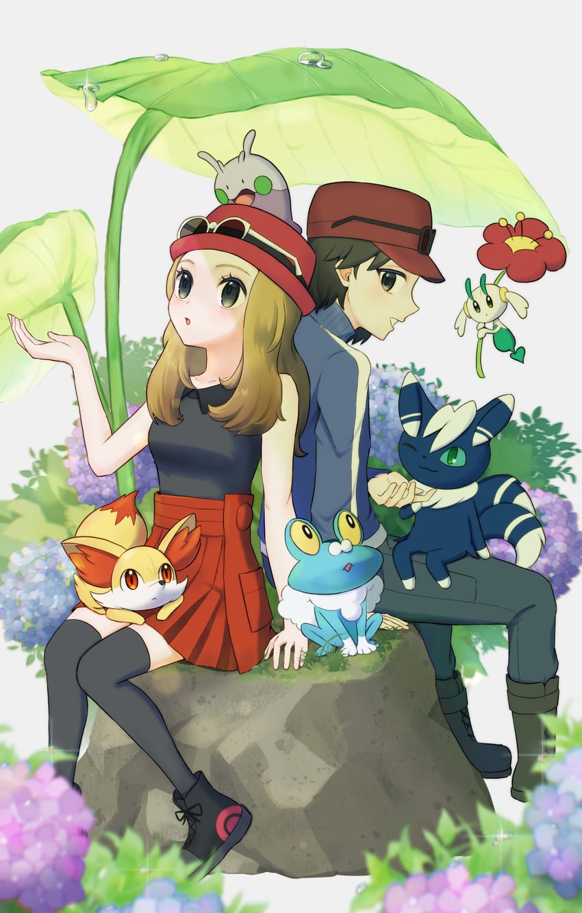 serena, calem, fennekin, goomy, froakie, and 2 more (pokemon and 1 more) drawn by ebi-chan_(tvyd2583)