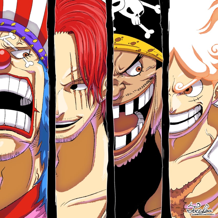 monkey d. luffy, shanks, buggy the clown, and marshall d. teach (one piece) drawn by tacchan56110