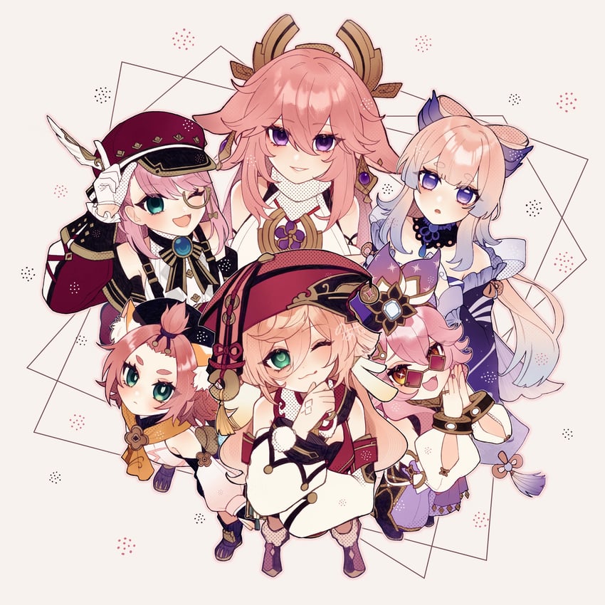 yae miko, sangonomiya kokomi, yanfei, diona, charlotte, and 1 more (genshin impact) drawn by noa_pisces