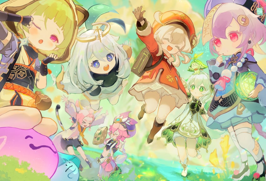 nahida, paimon, klee, qiqi, diona, and 1 more (genshin impact) drawn by giuniu_(unc_135)