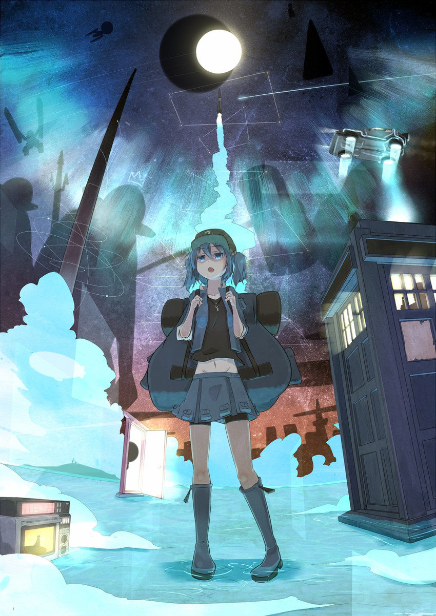 kawashiro nitori, doraemon, the doctor, and eleventh doctor (touhou and 7 more) drawn by rin_yu_shijin