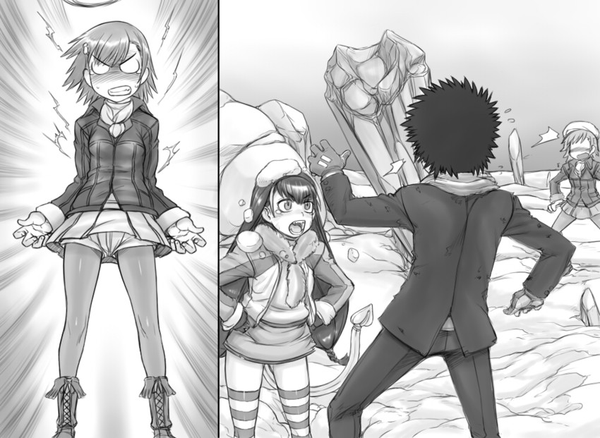 misaka mikoto, kamijou touma, and lessar (toaru majutsu no index and 1 more) drawn by kuontendou