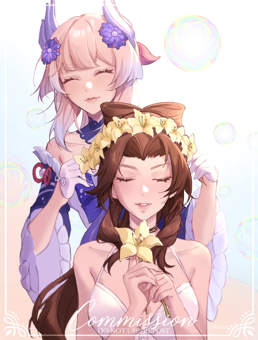 aerith gainsborough and sangonomiya kokomi (genshin impact and 2 more) drawn by kirsty_(kirue_t)