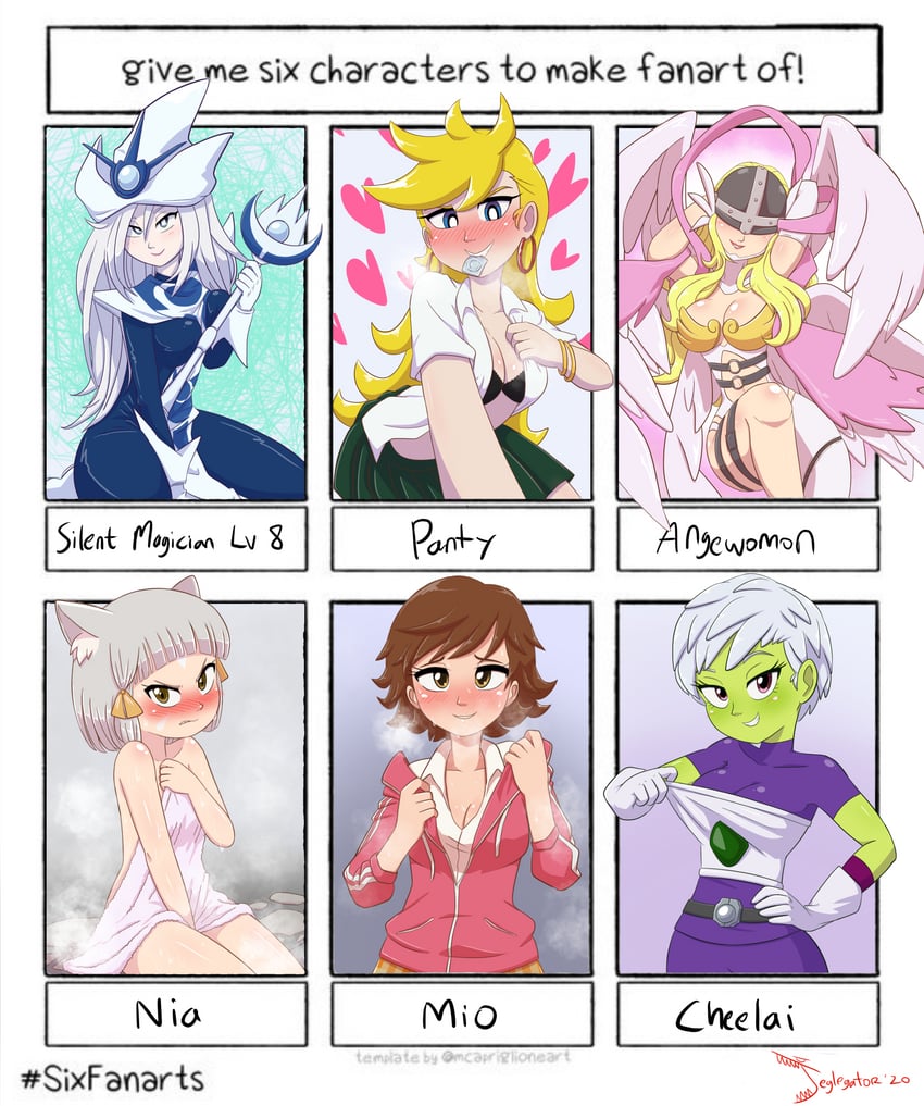 nia, panty, honda mio, angewomon, silent magician, and 1 more (idolmaster and 9 more) drawn by jeglegator