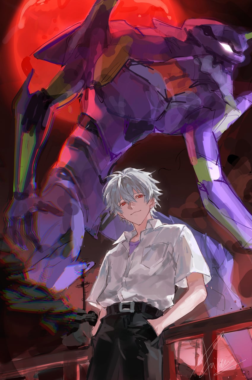 nagisa kaworu and eva 01 (neon genesis evangelion) drawn by piyathida_24