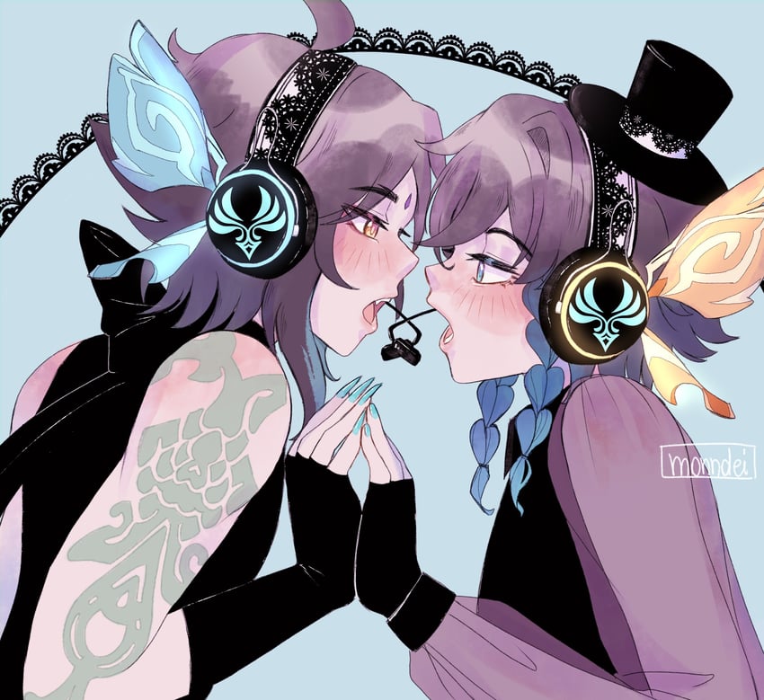 venti and xiao (genshin impact and 1 more) drawn by monndei
