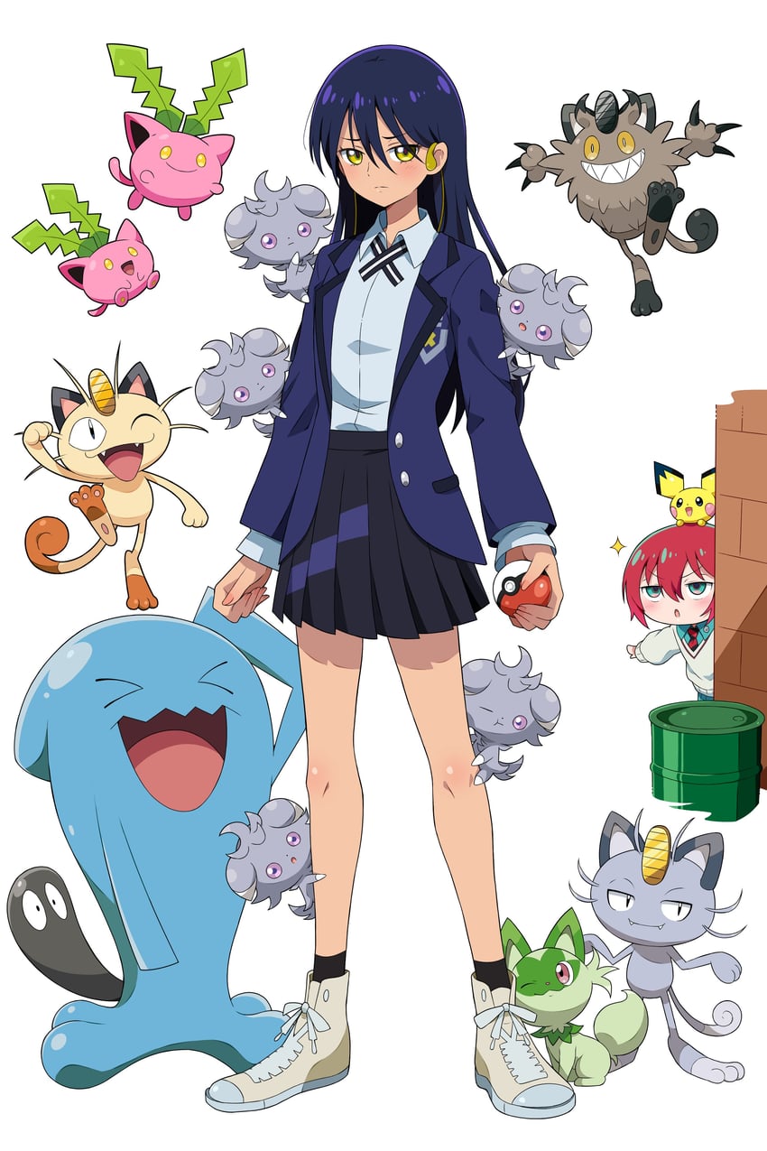amate yuzuriha, sprigatito, meowth, pichu, nyaan, and 5 more (pokemon and 2 more) drawn by eggman_(ni_tamagoex)